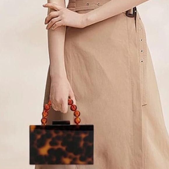 Tortoise Brown and black square top handle bag acrylic and gold crossbody strap - Picture 3 of 4